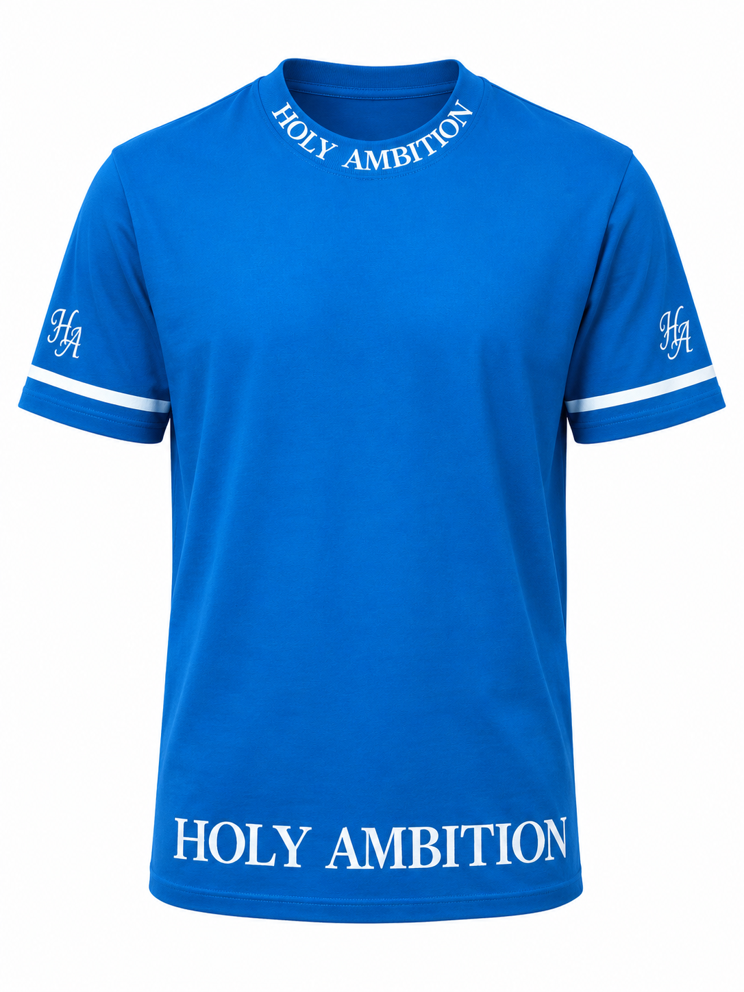 Royal blue t-shirt with white embroidery